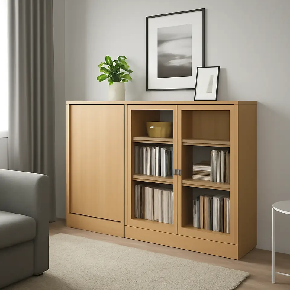 Møbelmontering TONSTAD Opbevaring med skydedøre, egetræsfiner/klart glas, 202x37x120 cm | Billig & Hurtig i København