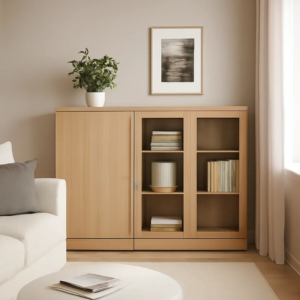 Møbelmontering TONSTAD Opbevaring med skydedøre, egetræsfiner/klart glas, 202x37x120 cm | Billig & Hurtig i København