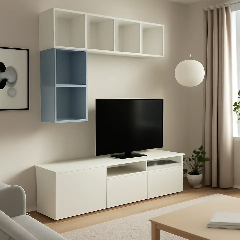 Møbelmontering BESTÅ / EKET Skabskombination til tv, hvid/lys gråblå, 180x42x170 cm | Professionel Møbelmontør