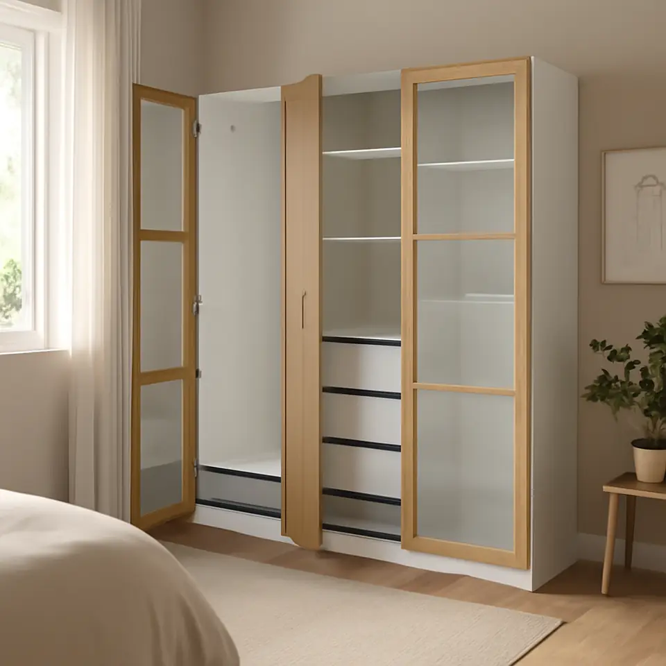 Møbelmontering PAX / TONSTAD Garderobekombination, hvid/egetræsfiner glas, 150x60x201 cm | Fast Pris i Storkøbenhavn