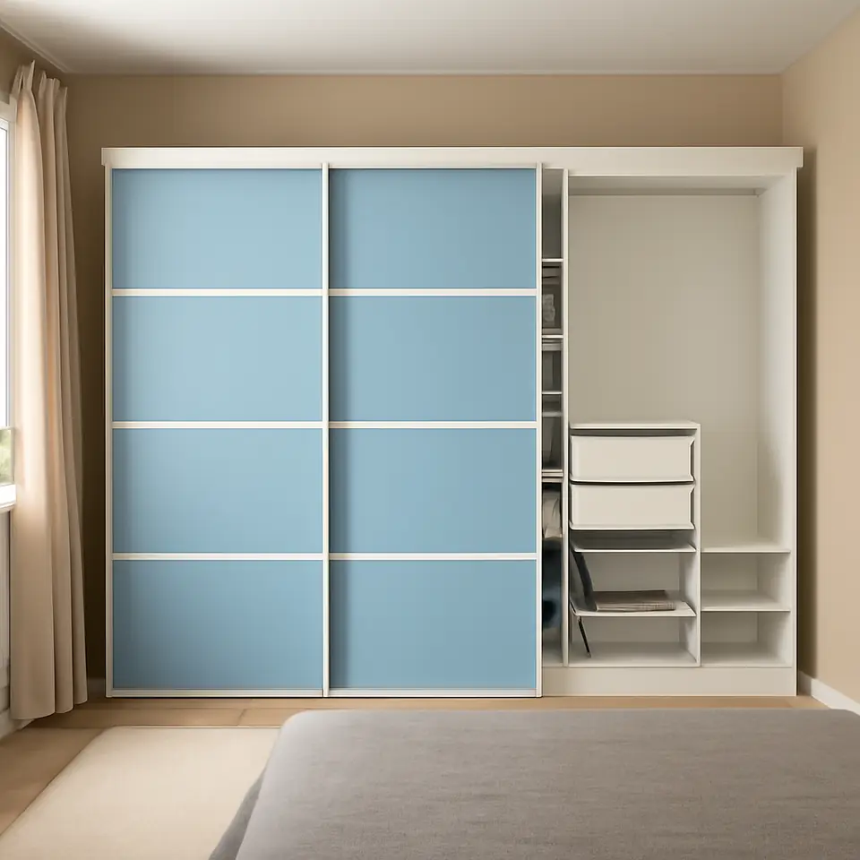 Møbelmontering SKYTTA / PAX Walk-in-closet med skydedøre, hvid dobbeltsidet/Mehamn lyseblå, 276x160x205 cm | Professionel Møbelmontør