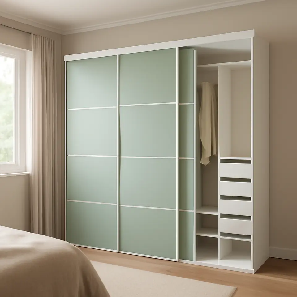 Møbelmontering SKYTTA / PAX Walk-in-closet med skydedøre, hvid dobbeltsidet/Mehamn lysegrøn, 226x160x205 cm | Få et tilbud i dag
