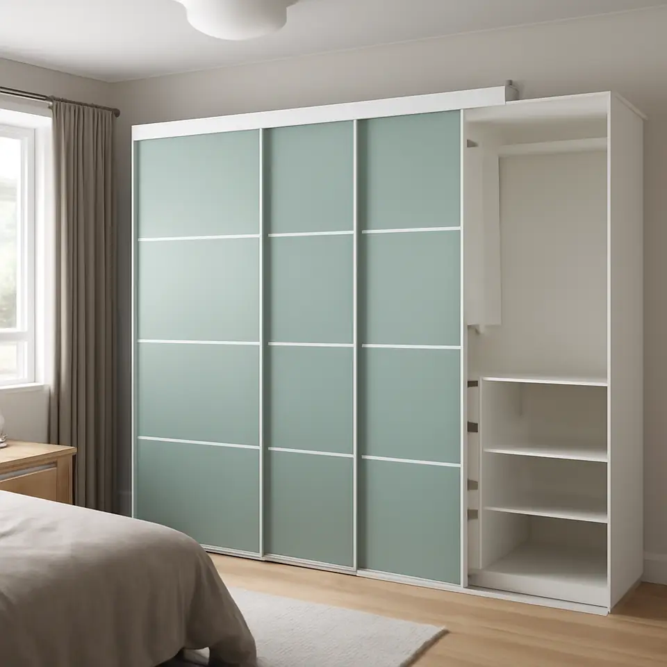 Møbelmontering SKYTTA / PAX Walk-in-closet med skydedøre, hvid dobbeltsidet/Mehamn lysegrøn, 226x160x205 cm | Fast Pris i Storkøbenhavn