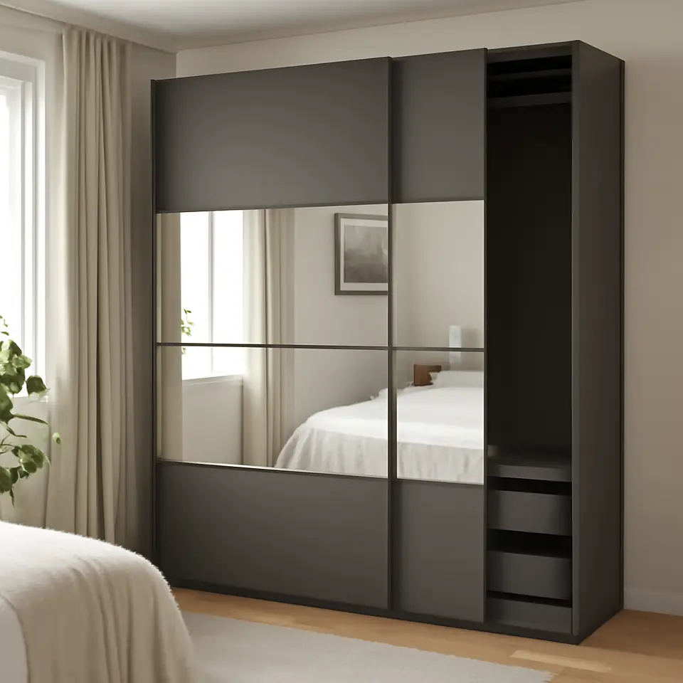Møbelmontering PAX / MEHAMN/AULI Garderobe m skydedøre, mørkegrå dobbeltsidet/mørkegrå spejl, 200x66x201 cm | Professionel Møbelmontør