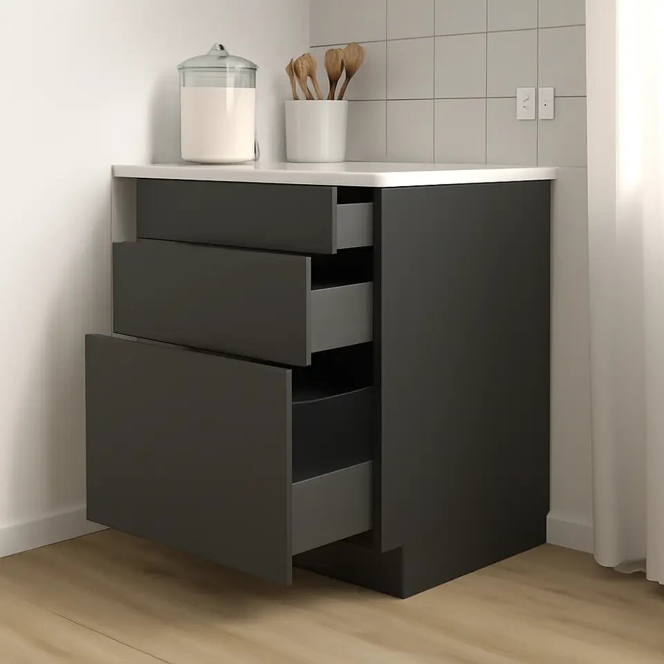 Møbelmontering METOD / KNIVSHULT Underskab 4 fronter/4 skuffer, gråsort/Nickebo mat antracit, 60×60 cm | Professionel Møbelmontør