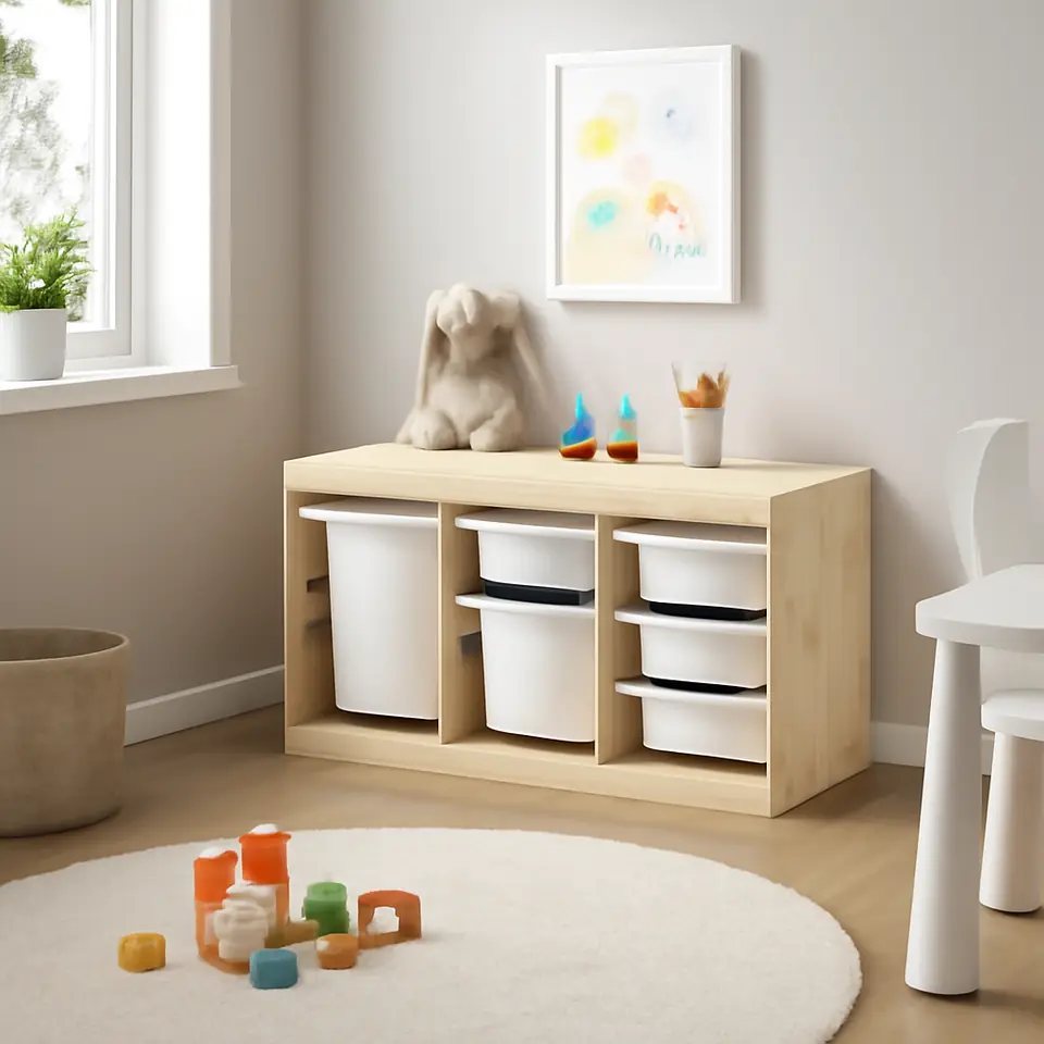 Møbelmontering TROFAST Opbevaringskombination med bokse, lys fyr med hvid bejdse/hvid, 93x44x52 cm | Professionel Møbelmontør