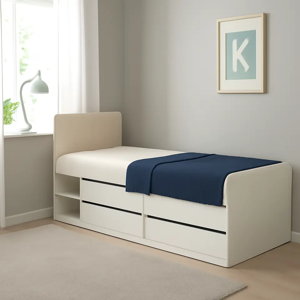Møbelmontering SLÄKT Sengestel med opbevaring, inkl. gavl/Vissle beige, 90×200 cm | Fast Pris i Storkøbenhavn