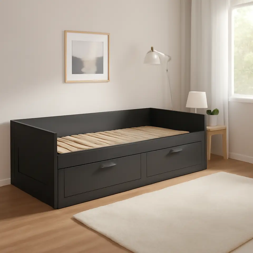 Møbelmontering BRIMNES Sengestel, sovesofa, med 2 skuffer, sort, 80×200 cm | Professionel Møbelmontør