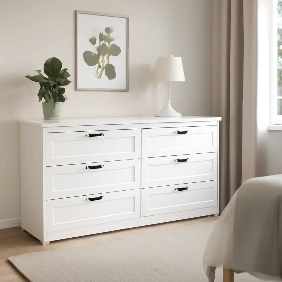 Møbelmontering SONGESAND Kommode 6 skuffer, hvid, 161×81 cm | Professionel Møbelmontør