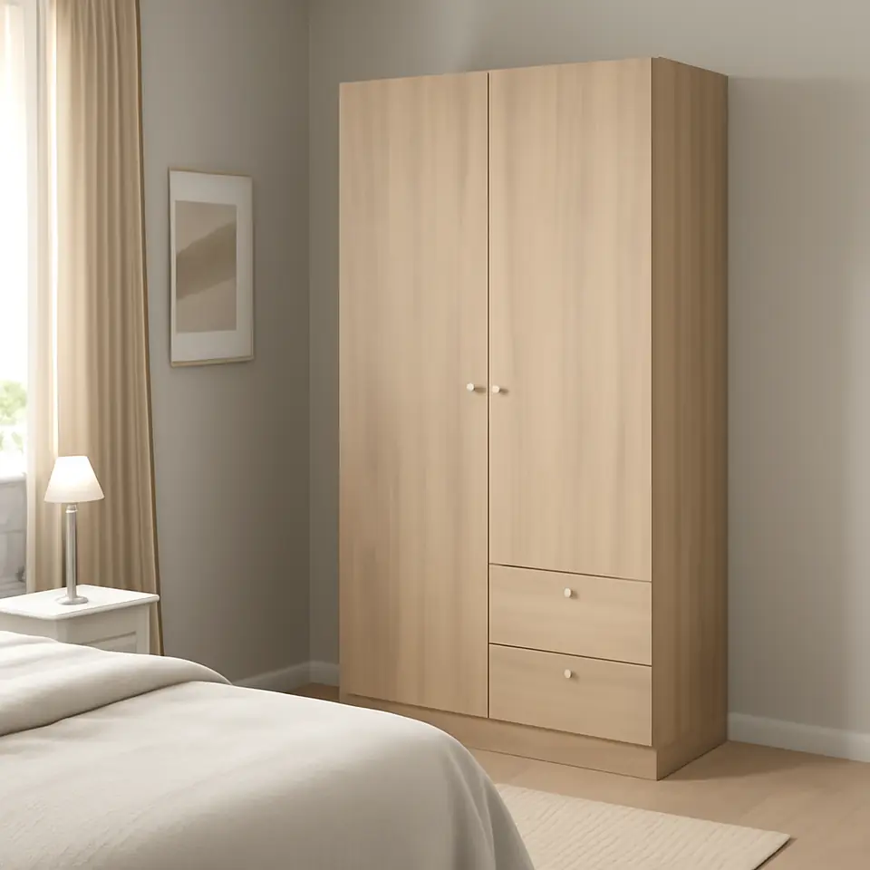 Møbelmontering VILHATTEN Garderobeskab m 2 døre og 2 skuffer, egetræsmønstret, 98x57x190 cm | Professionel Møbelmontør