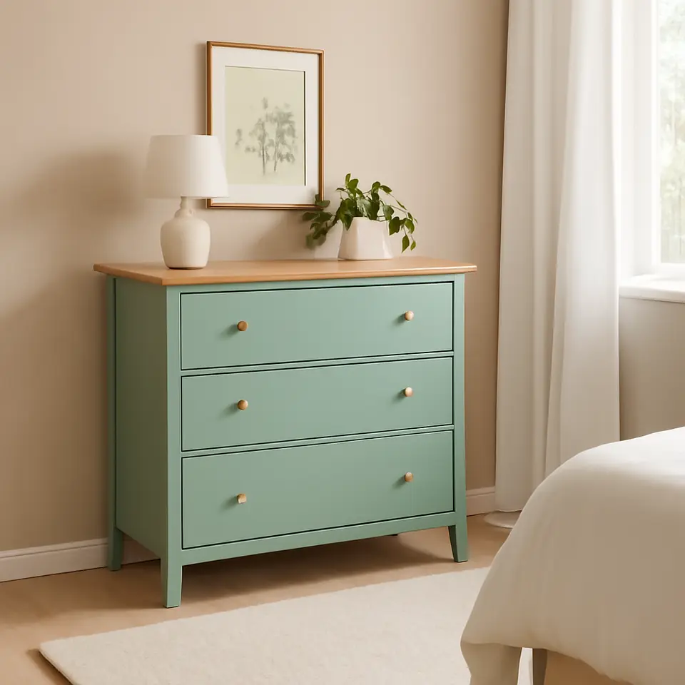 Møbelmontering HEMNES Kommode 3 skuffer, grågrøn/lysebrun med bejdse, 108×96 cm | Samling af Møbler i Rødovre & Kbh