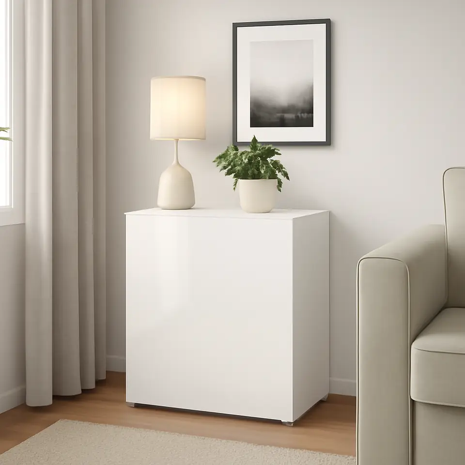 Møbelmontering BESTÅ Reol med låge, hvid/Selsviken højglans/hvid, 60x42x64 cm | Samling af Møbler i Rødovre & Kbh