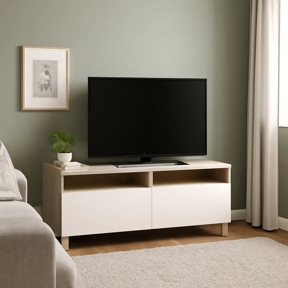 Møbelmontering BESTÅ Tv-bord med skuffer, egetræsmønster med hvid bejdse/Lappviken hvid, 120x42x48 cm | Fast Pris i Storkøbenhavn