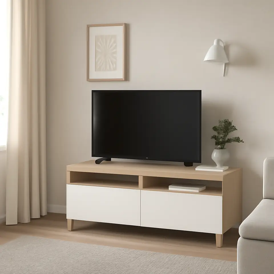 Møbelmontering BESTÅ Tv-bord med skuffer, egetræsmønster med hvid bejdse/Lappviken hvid, 120x42x48 cm | Professionel Møbelmontør