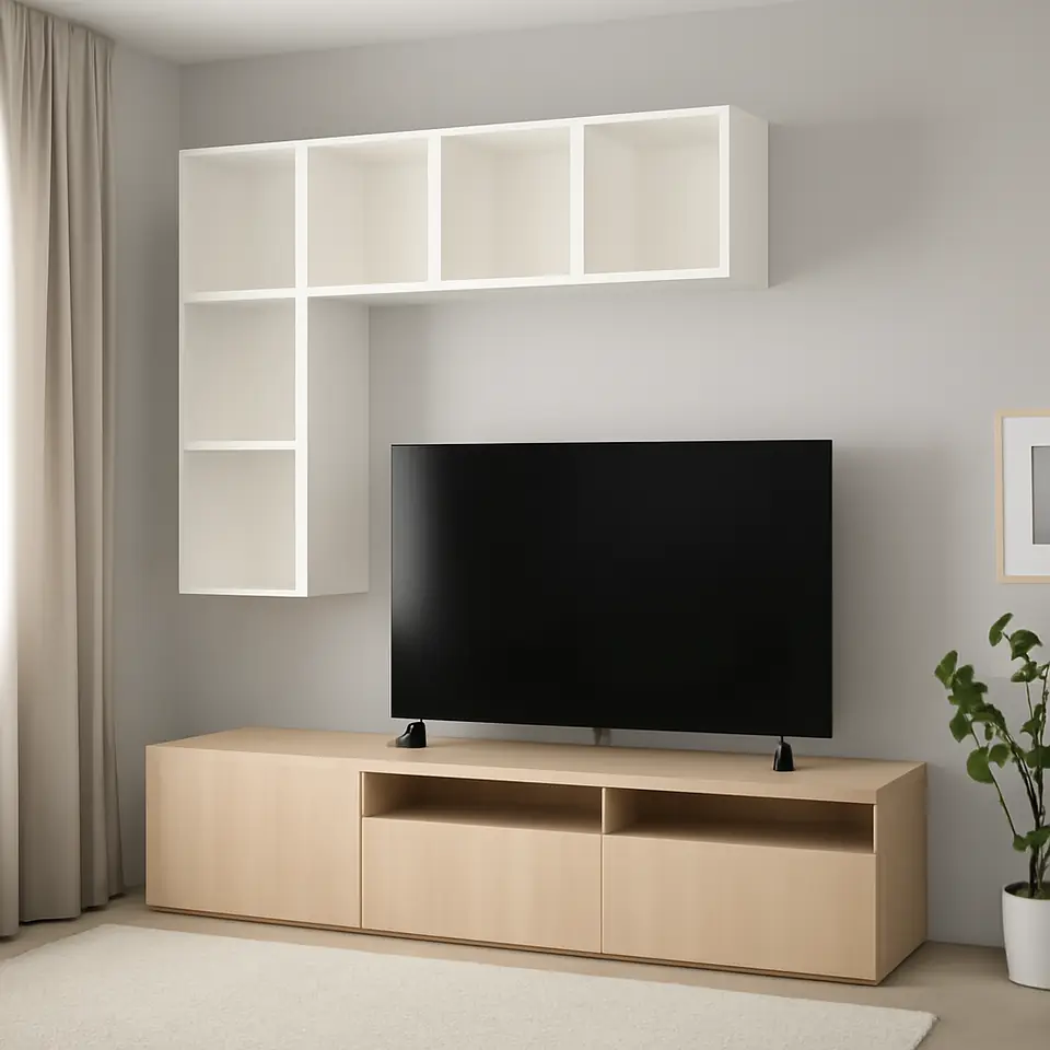 Møbelmontering BESTÅ / EKET Skabskombination til tv, egetræsmønster med hvid bejdse/hvid, 180x42x170 cm | Samling af Møbler i Rødovre & Kbh
