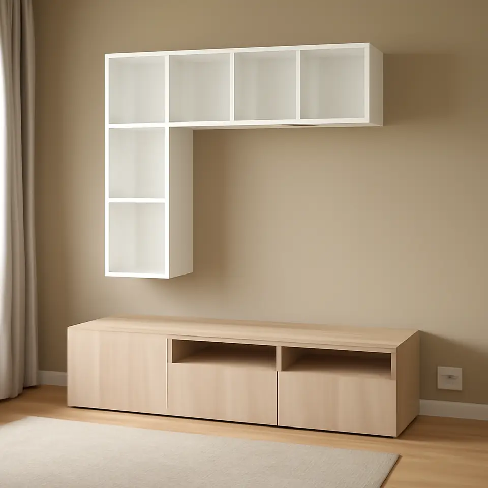 Møbelmontering BESTÅ / EKET Skabskombination til tv, egetræsmønster med hvid bejdse/hvid, 180x42x170 cm | Professionel Møbelmontør