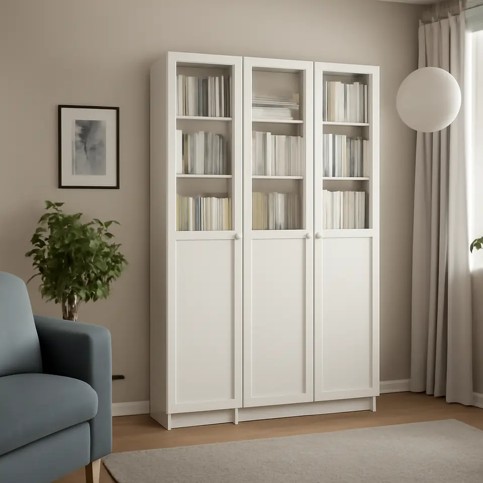 Møbelmontering BILLY / OXBERG Reol med låger/vitlåger, hvid/glas, 120x30x202 cm | Billig & Hurtig i København
