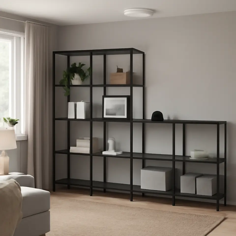 Møbelmontering VITTSJÖ Opbevaringskombination, sortbrun/glas, 200x36x175 cm | Billig & Hurtig i København