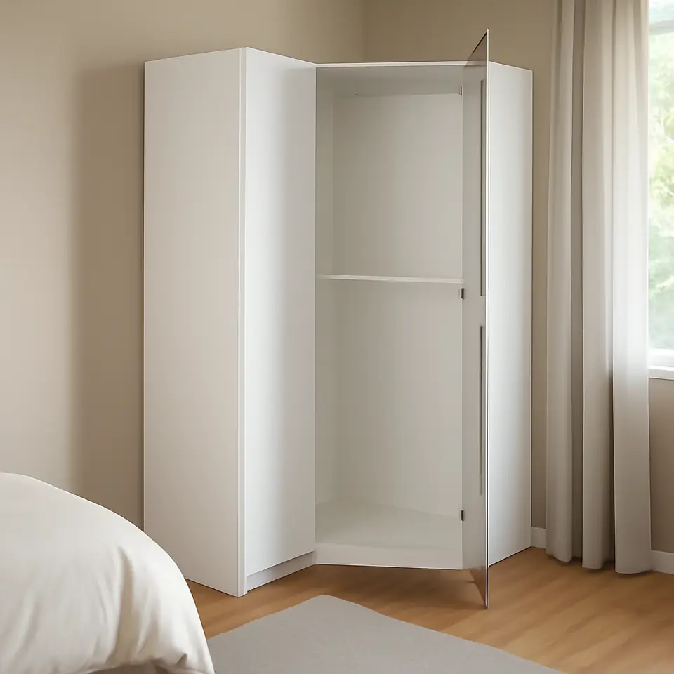 Møbelmontering PAX / FARDAL/ÅHEIM Hjørnegarderobe, højglans hvid/spejl, 110/88×201 cm | Samling af Møbler i Rødovre & Kbh
