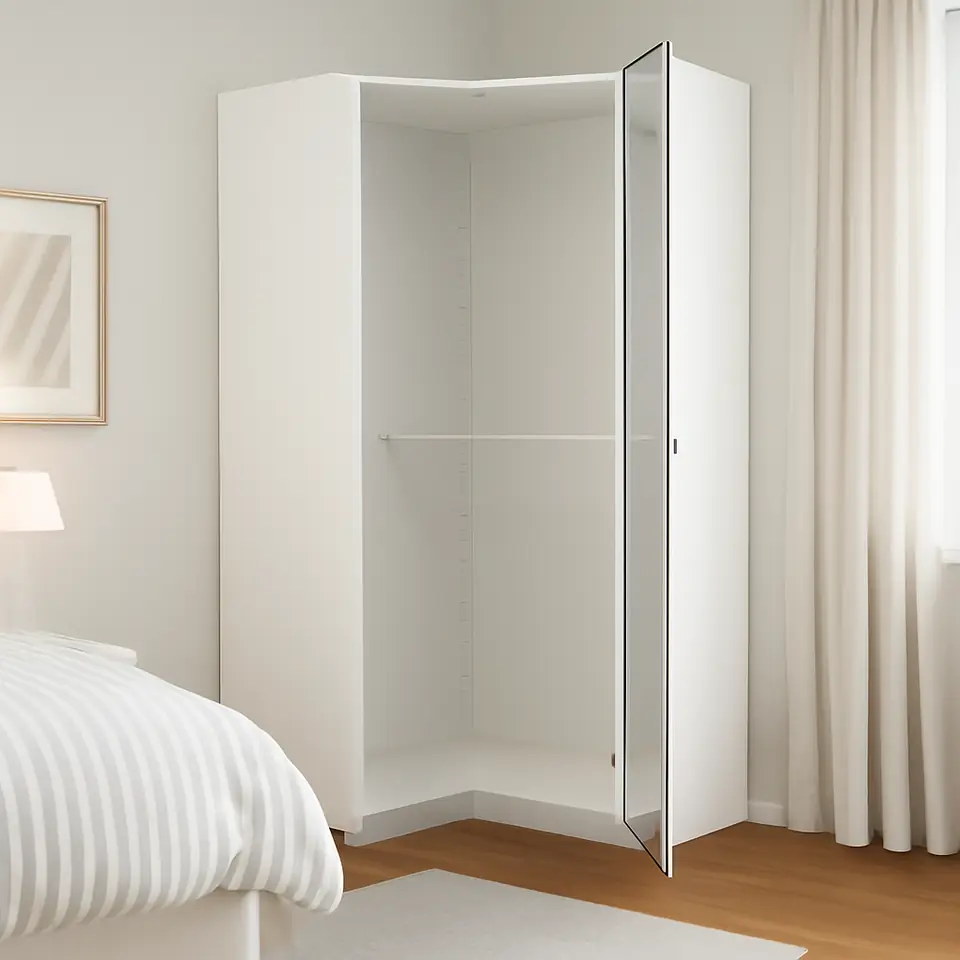 Møbelmontering PAX / FARDAL/ÅHEIM Hjørnegarderobe, højglans hvid/spejl, 110/88×201 cm | Samling af Møbler i Rødovre & Kbh