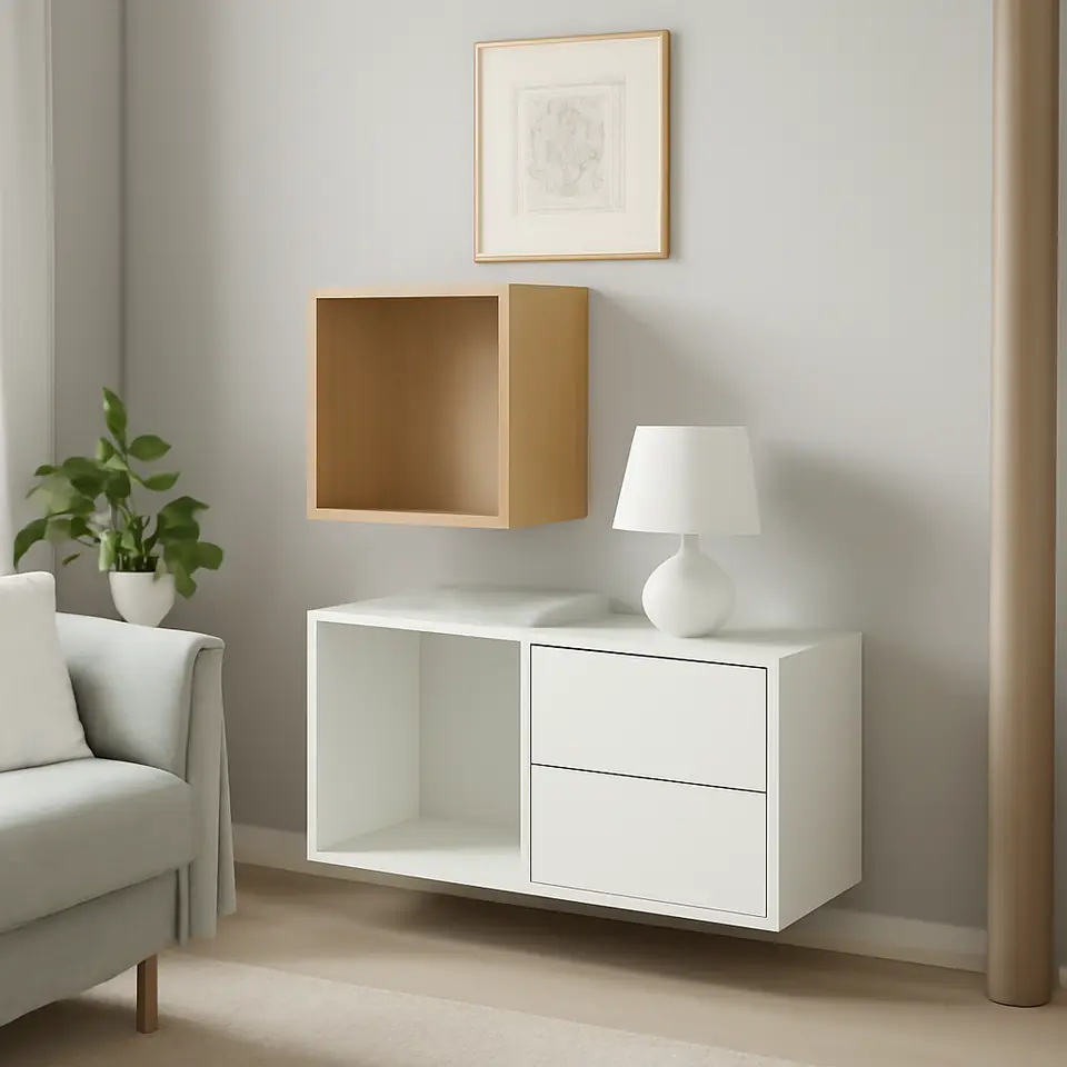 Møbelmontering EKET Vægmonteret opbevaringsløsning, egetræsmønster med hvid bejdse/hvid, 105x35x70 cm | Fast Pris i Storkøbenhavn