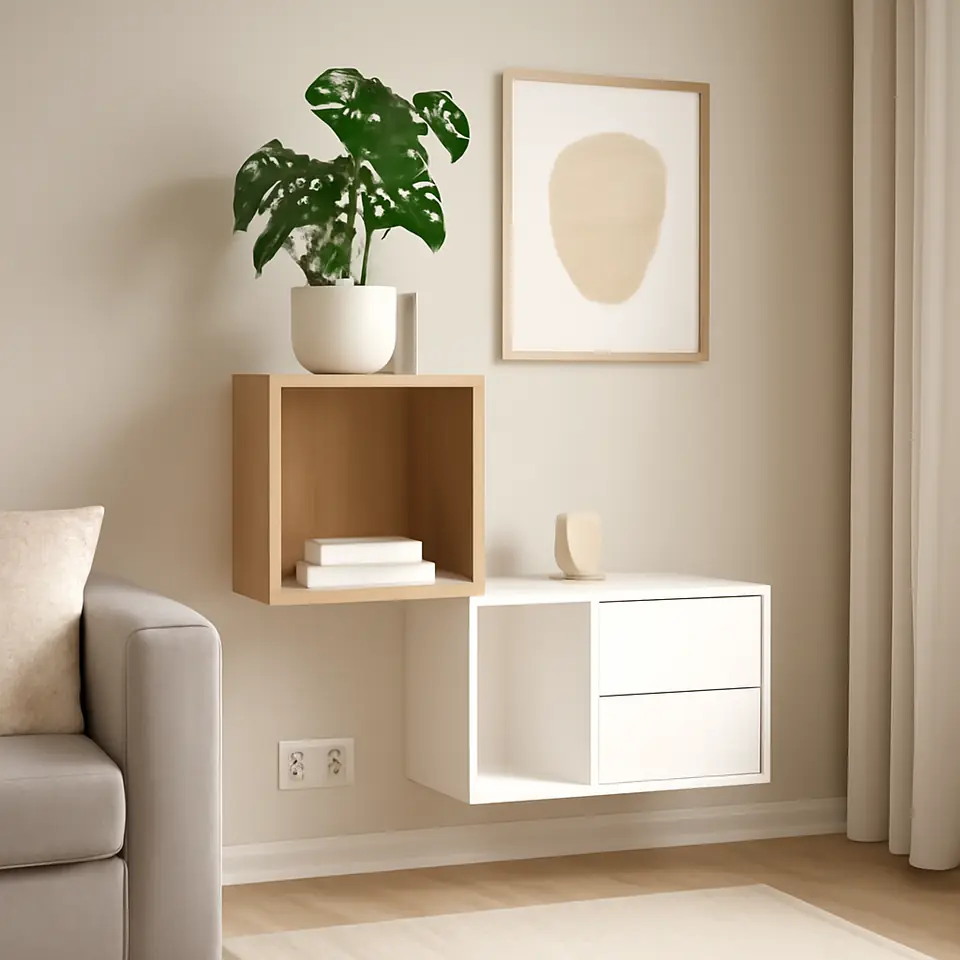 Møbelmontering EKET Vægmonteret opbevaringsløsning, egetræsmønster med hvid bejdse/hvid, 105x35x70 cm | Billig & Hurtig i København