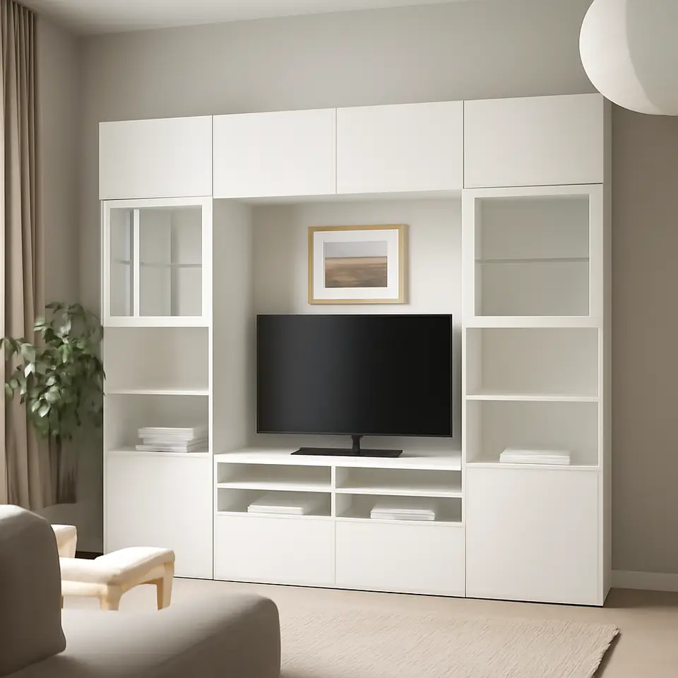Møbelmontering BESTÅ Tv-møbel med vitrinelåger, hvid/Lappviken hvidt klart glas, 300x42x231 cm | Professionel Møbelmontør