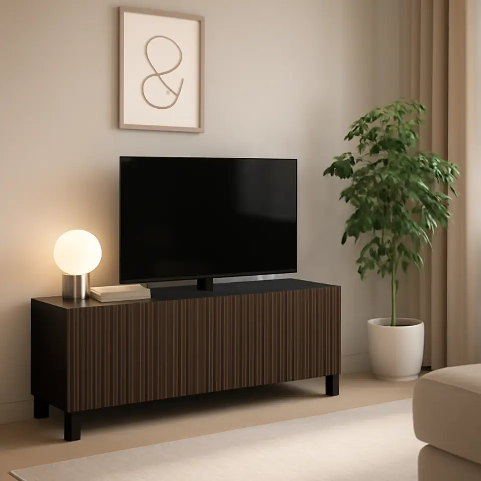 Møbelmontering BESTÅ Tv-bord med låger, sortbrun Björköviken/Stubbarp/brun egetræsfiner med bejdse, 120x42x48 cm | Samling af Møbler i Rødovre & Kbh
