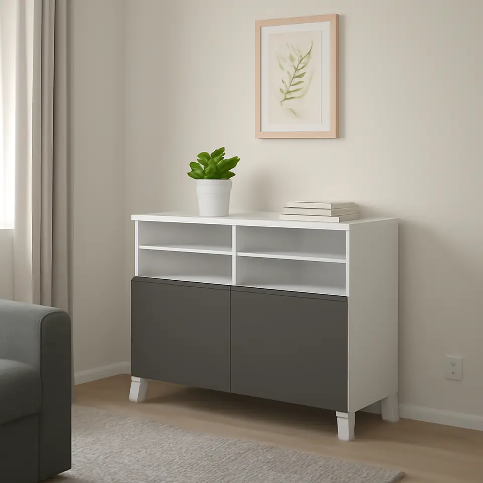 Møbelmontering BESTÅ Tv-bord med låger, hvid/Västerviken/Stubbarp mørkegrå, 120x42x74 cm | Professionel Møbelmontør