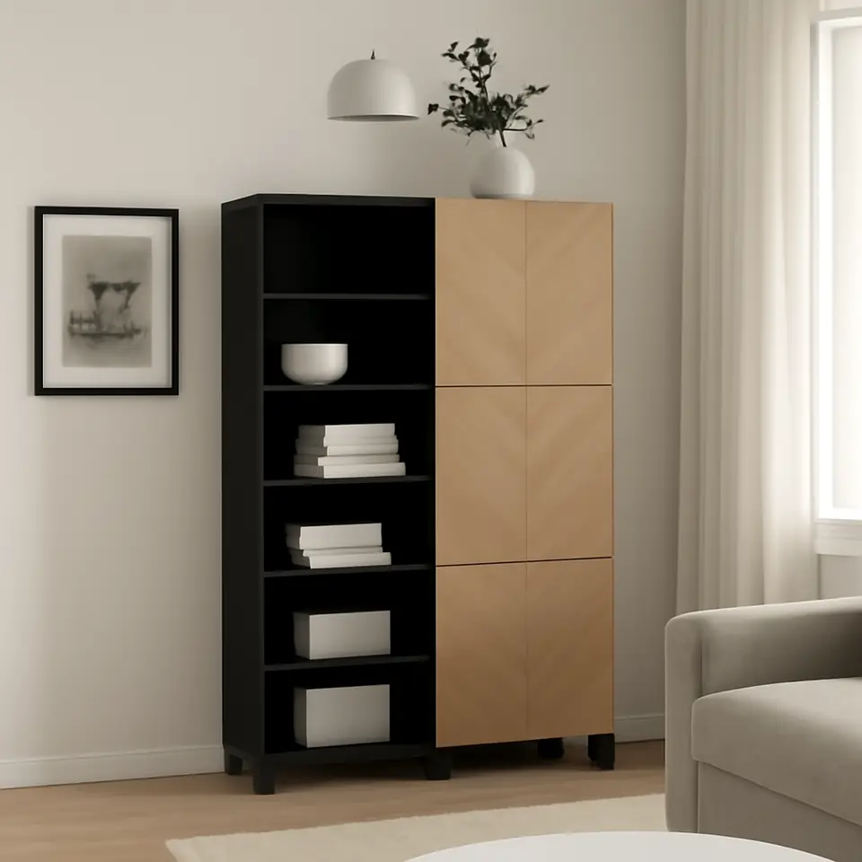 Møbelmontering BESTÅ Opbevaring med låger, sortbrun/Hedeviken egetræsfiner, 120x42x202 cm | Samling af Møbler i Rødovre & Kbh