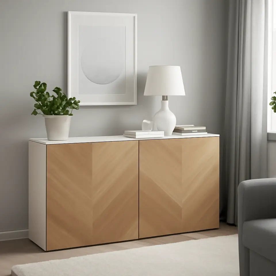 Møbelmontering BESTÅ Reol med døre, hvid/Hedeviken egetræsfiner, 120x42x64 cm | Professionel Møbelmontør
