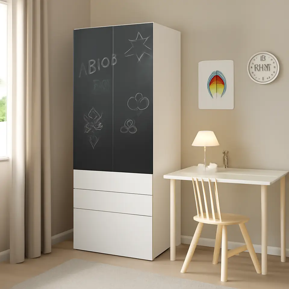 Møbelmontering SMÅSTAD / PLATSA Garderobeskab, hvid/tavleoverflade med 3 skuffer, 60x42x181 cm | Billig & Hurtig i København