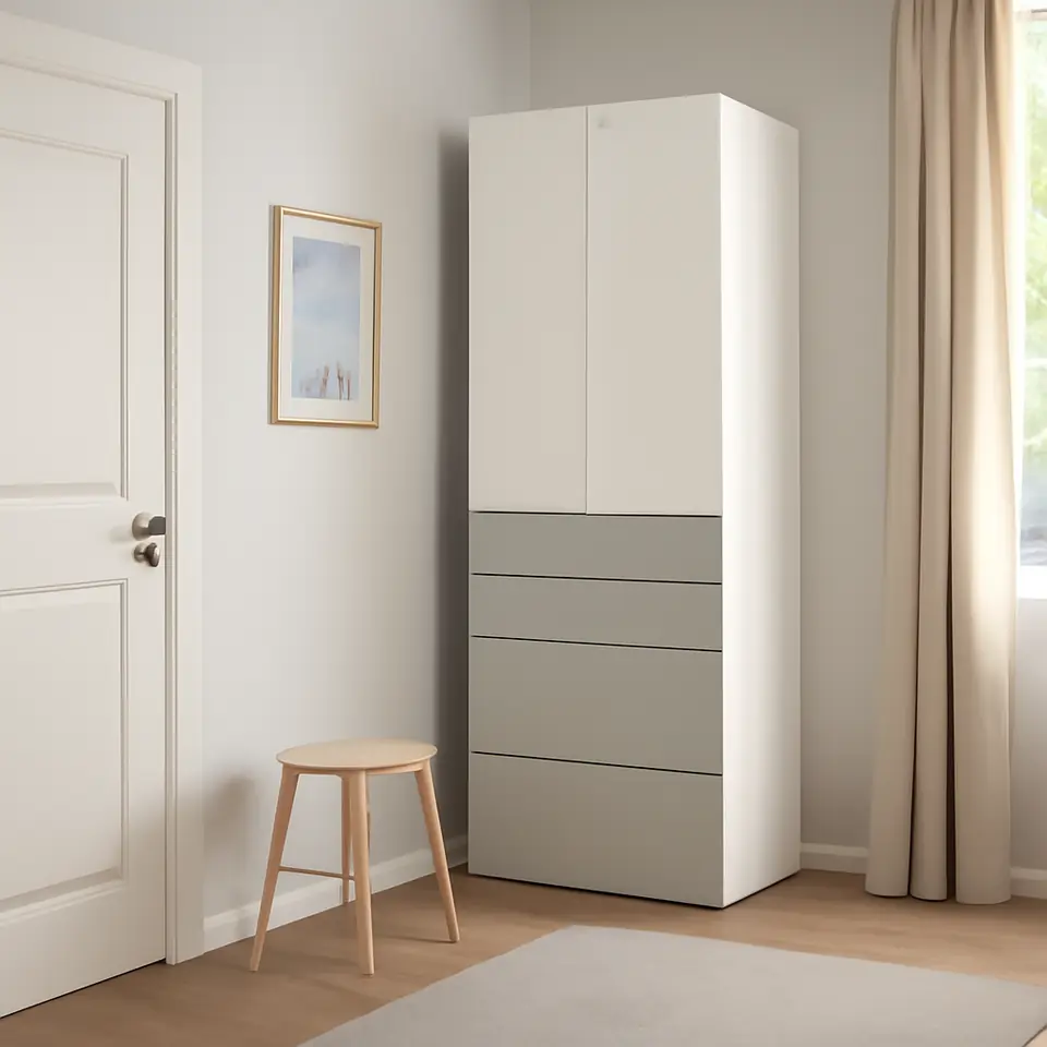 Møbelmontering SMÅSTAD / PLATSA Garderobeskab, hvid grå/med 4 skuffer, 60x57x181 cm | Billig & Hurtig i København