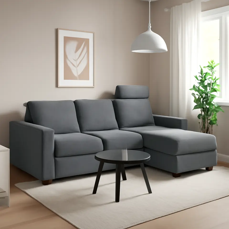 Møbelmontering VIMLE 3-pers. sofa med chaiselong, med brede armlæn med nakkepude/Lejde grå/sort | Fast Pris i Storkøbenhavn