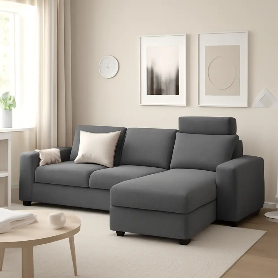 Møbelmontering VIMLE 3-pers. sofa med chaiselong, med brede armlæn med nakkepude/Lejde grå/sort | Samling af Møbler i Rødovre & Kbh