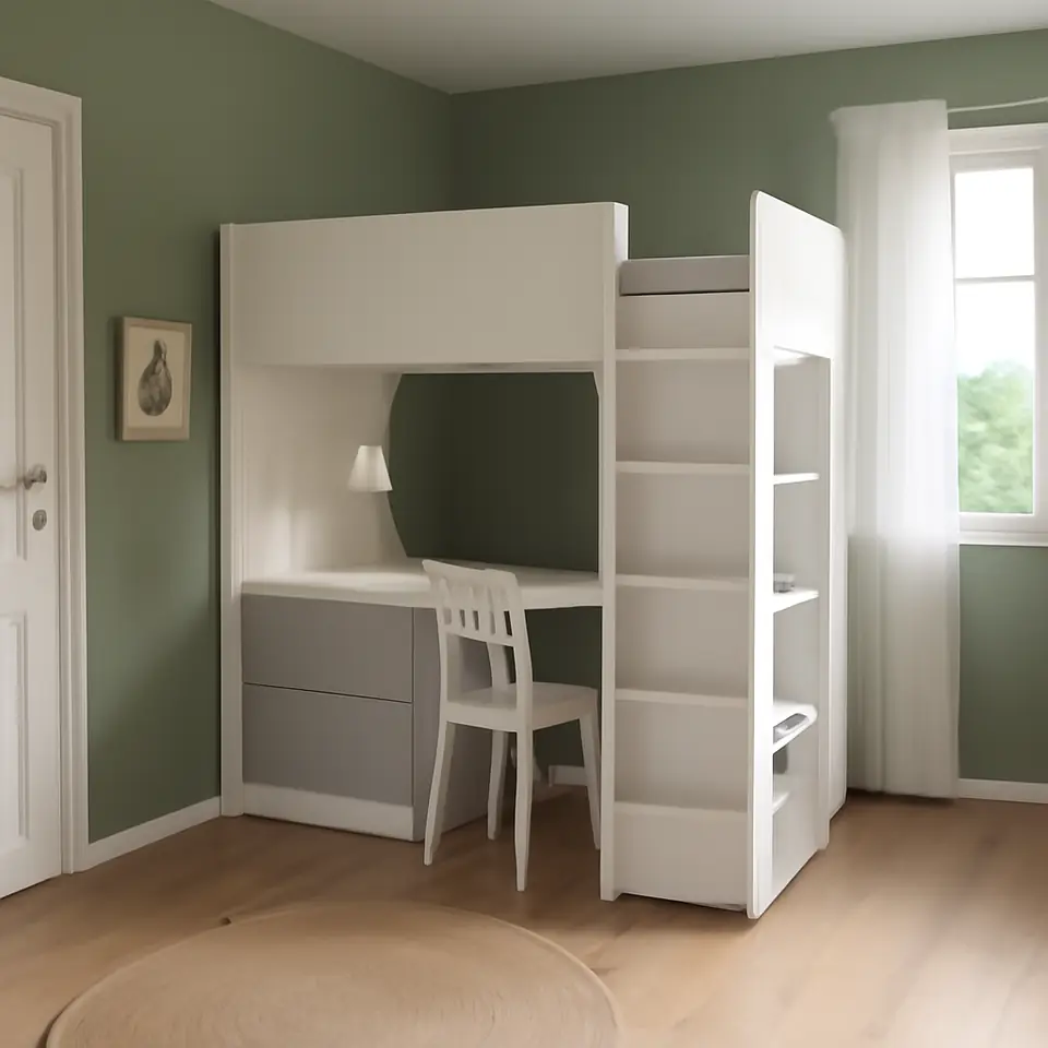 Møbelmontering SMÅSTAD Højseng, hvid grå/med skrivebord med 3 skuffer, 90×200 cm | Fast Pris i Storkøbenhavn