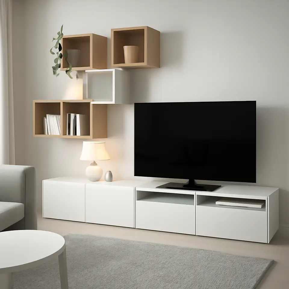 Møbelmontering BESTÅ / EKET Skabskombination til tv, hvid/egetræsmønster med hvid bejdse, 300x42x210 cm | Professionel Møbelmontør
