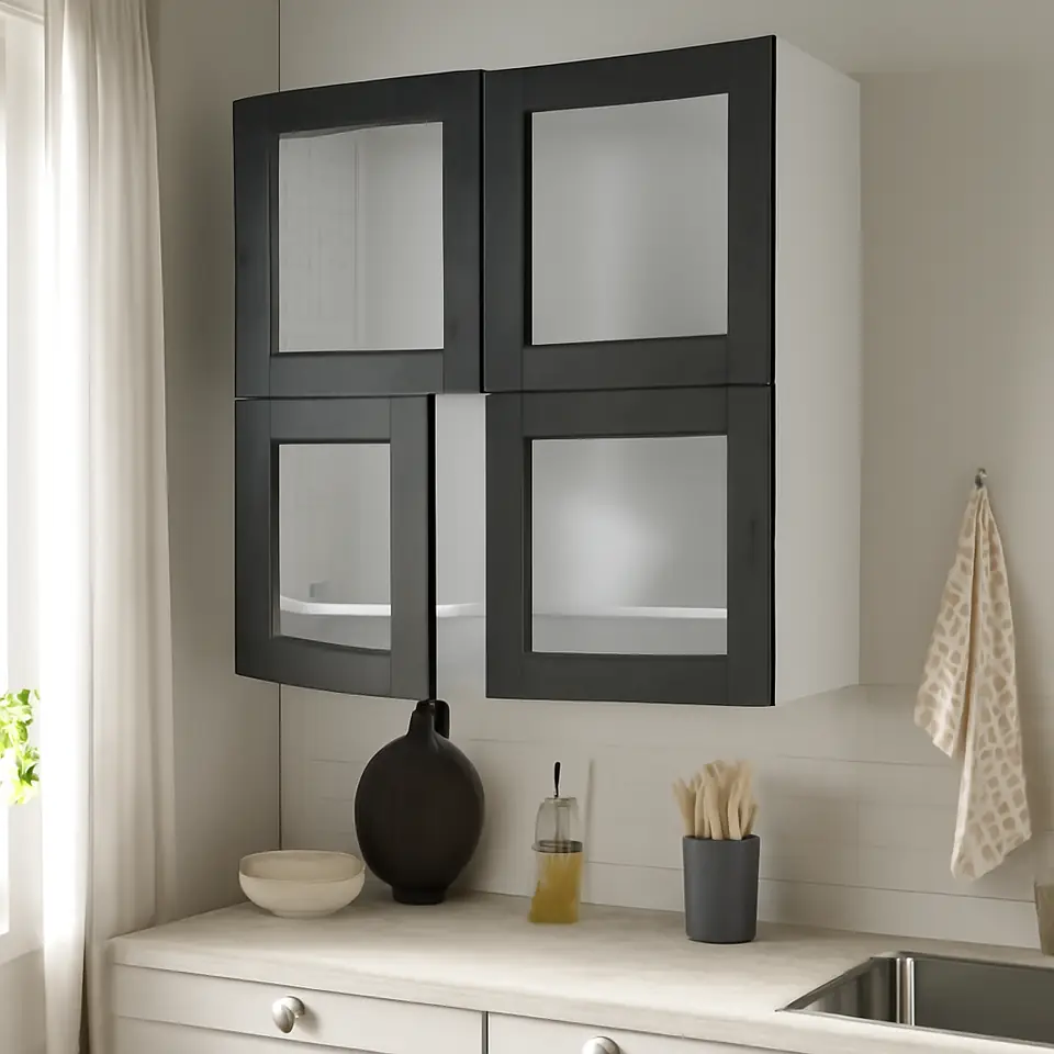 Møbelmontering METOD Vægskab med hylder/4 vitrinelåger, hvid/Lerhyttan sort bejdse, 80×100 cm | Samling af Møbler i Rødovre & Kbh