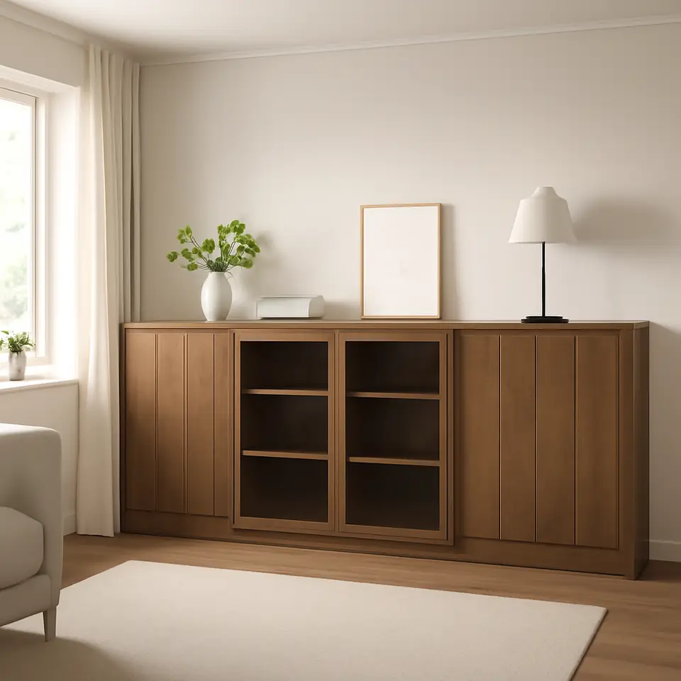 Møbelmontering TONSTAD Opbevaring med skydedøre, brun egetræsfiner med bejdse/klart glas, 284x37x120 cm | Professionel Møbelmontør