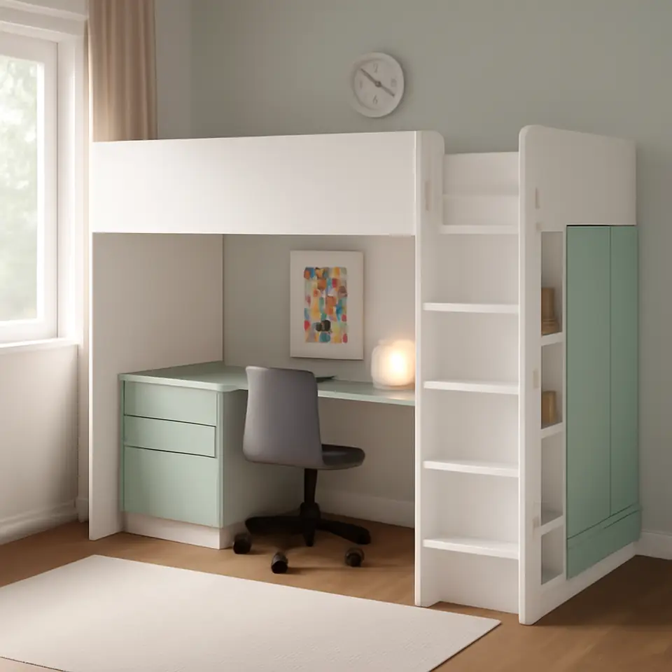 Møbelmontering SMÅSTAD Højseng, hvid lysegrøn/med skrivebord med 4 skuffer, 90×200 cm | Samling af Møbler i Rødovre & Kbh
