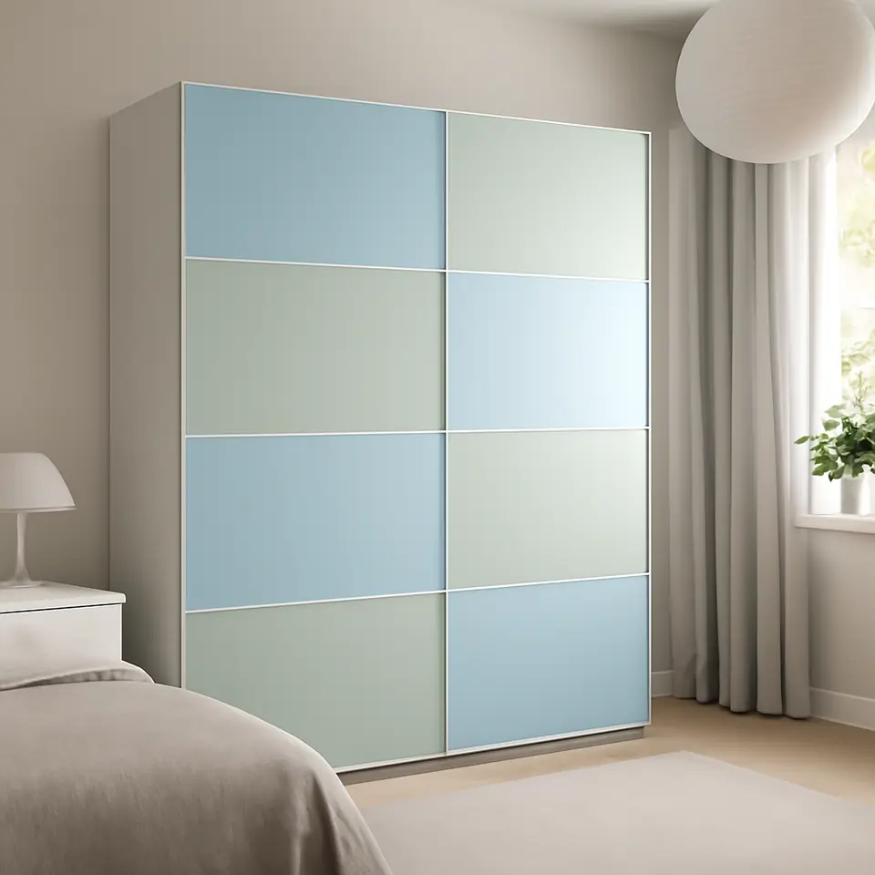Møbelmontering MEHAMN Skydedørspar, aluminium dobbeltsidet/lyseblå lysegrøn, 200×201 cm | Professionel Møbelmontør