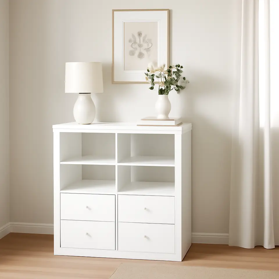 Møbelmontering KALLAX Reol, med 4 skuffer/med to hyldeindsatser hvid, 77×77 cm | Billig & Hurtig i København