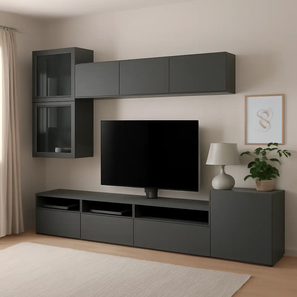 Møbelmontering BESTÅ Tv-møbel med vitrinelåger, mørkegrå Västerviken/Sindvik mørkegrå, 300x42x211 cm | Samling af Møbler i Rødovre & Kbh