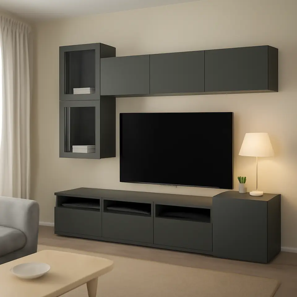 Møbelmontering BESTÅ Tv-møbel med vitrinelåger, mørkegrå Västerviken/Sindvik mørkegrå, 300x42x211 cm | Samling af Møbler i Rødovre & Kbh