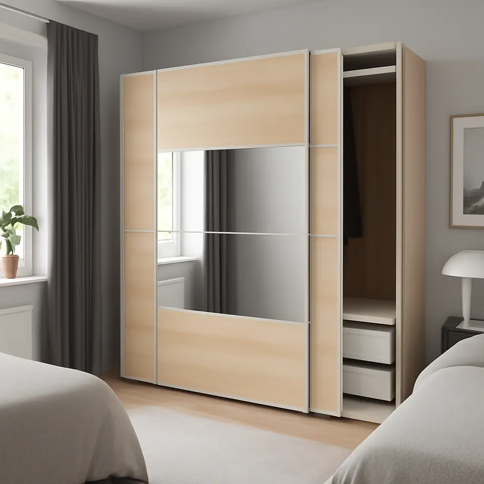 Møbelmontering PAX / MEHAMN/AULI Garderobe m skydedøre, egetræsmønster med hvid bejdse dobbeltsidet/egetræsmønster med hvid bejdse spejl, 200x66x201 cm | Professionel Møbelmontør