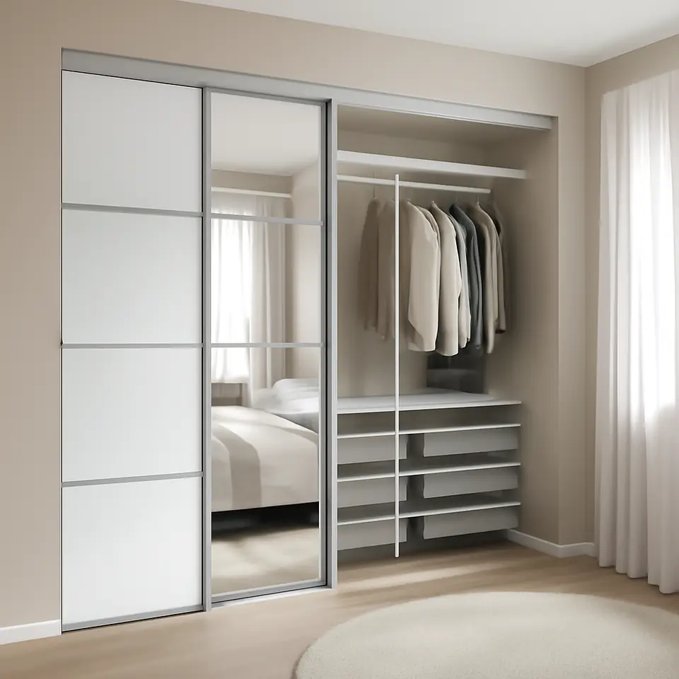 Møbelmontering SKYTTA / BOAXEL Walk-in-closet med skydedøre, aluminium/Auli spejl, 251x115x240 cm | Billig & Hurtig i København