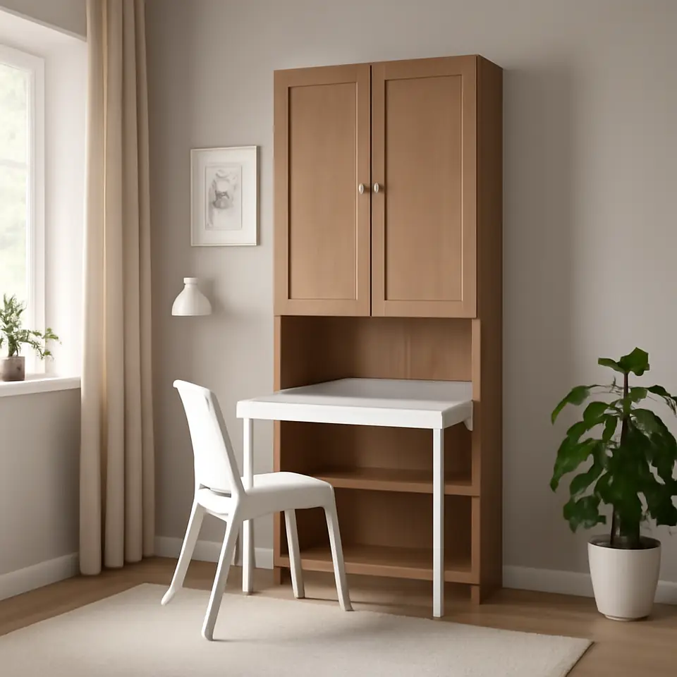 Møbelmontering BILLY / OXBERG Reol med skrivebord, egetræsmønstret/hvid, 80×202 cm | Samling af Møbler i Rødovre & Kbh