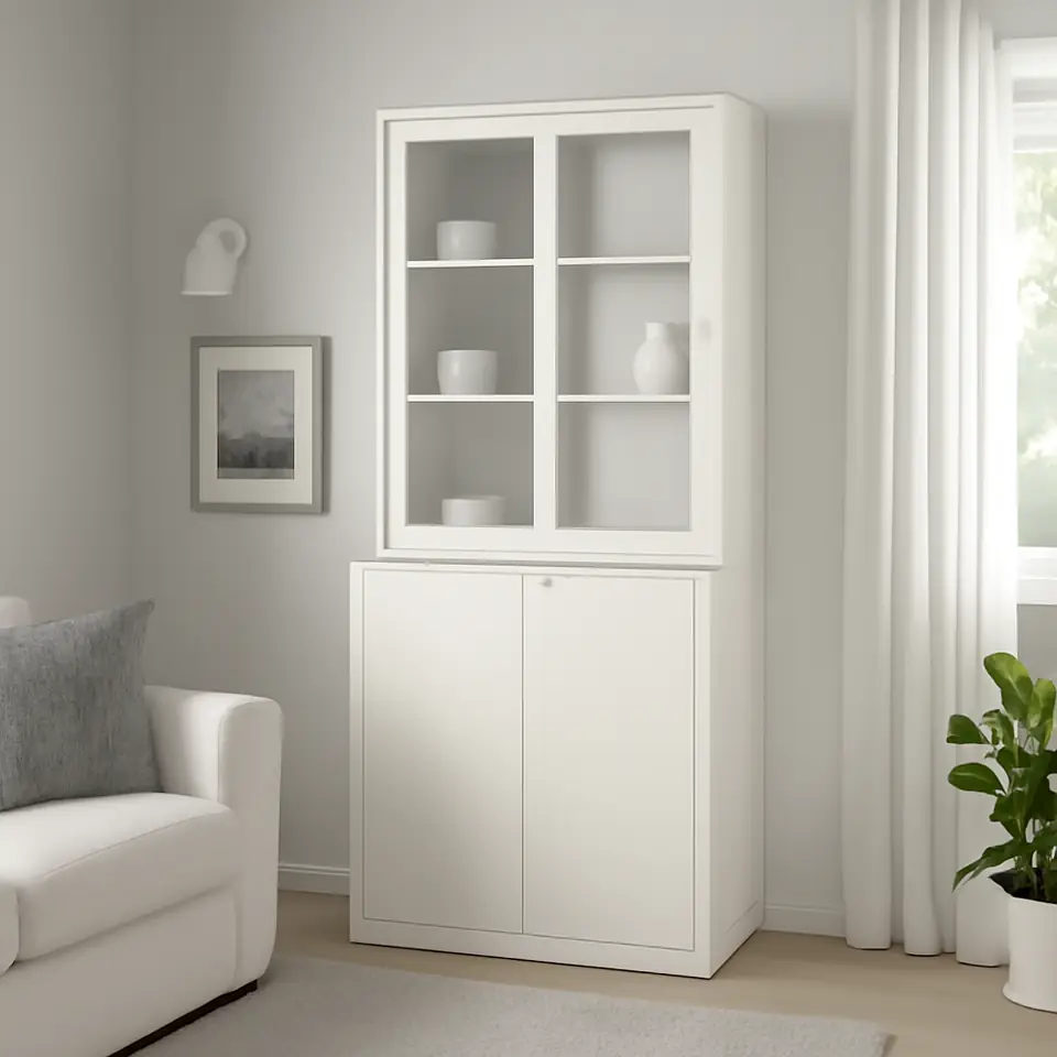 Møbelmontering TONSTAD Opbevaringskombination, skydelåger, råhvid/klart glas, 81x47x201 cm | Fast Pris i Storkøbenhavn