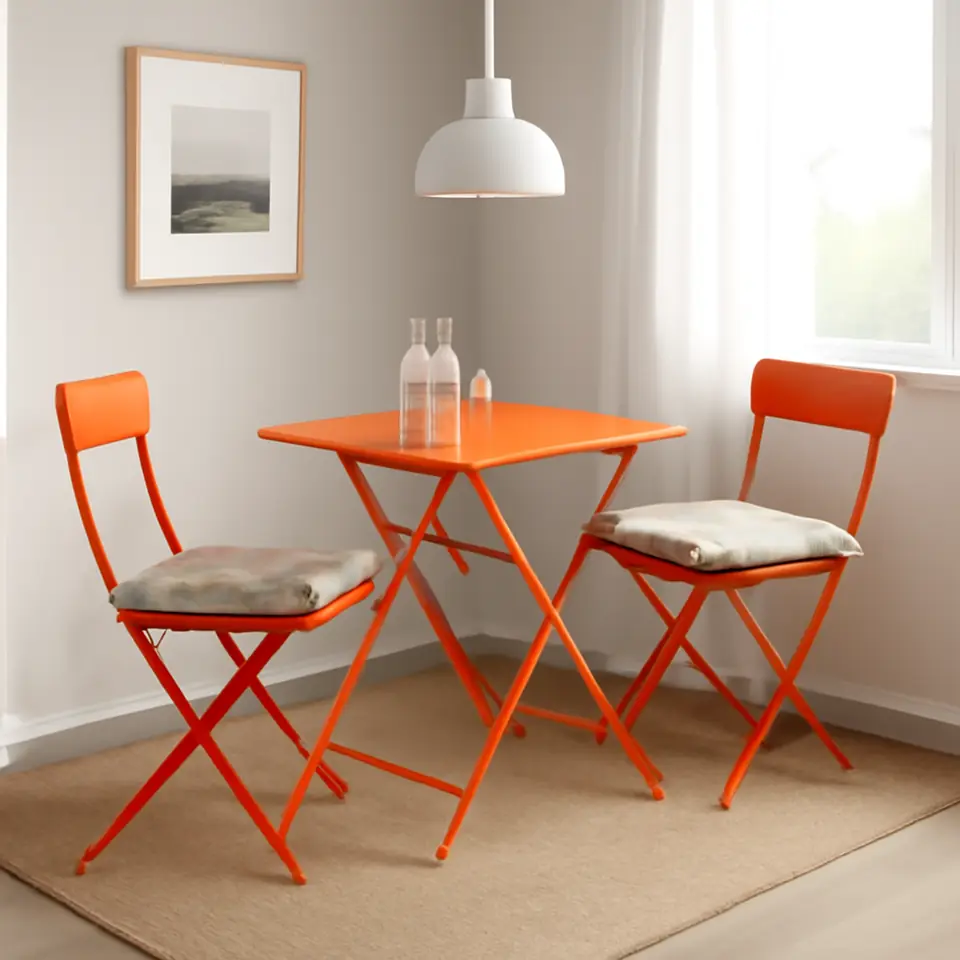 Møbelmontering SUNDSÖ Bord og 2 klapstole, udendørs orange/orange Kuddarna lys grå-beige, 65×65 cm | Samling af Møbler i Rødovre & Kbh