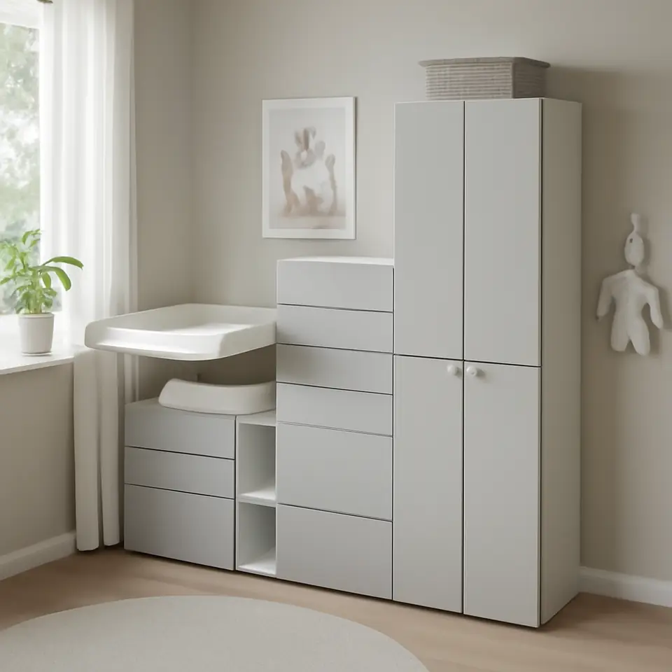 Møbelmontering SMÅSTAD / PLATSA Opbevaringskombination, hvid grå/med puslebord, 210x79x181 cm | Professionel Møbelmontør